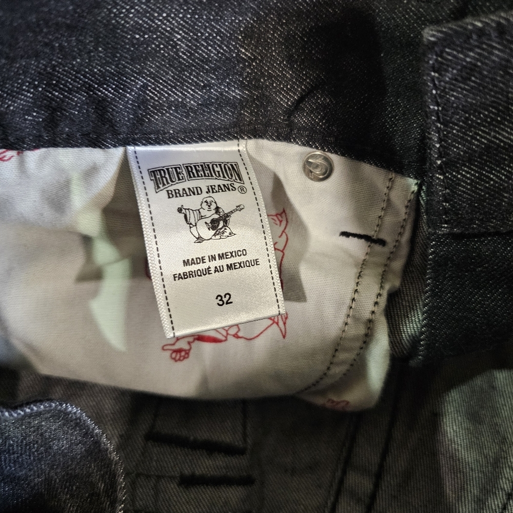 True Religion Straight Leg Jeans Size 32" Inseam 32" Black w/Black Stitch - Picture 4 of 16